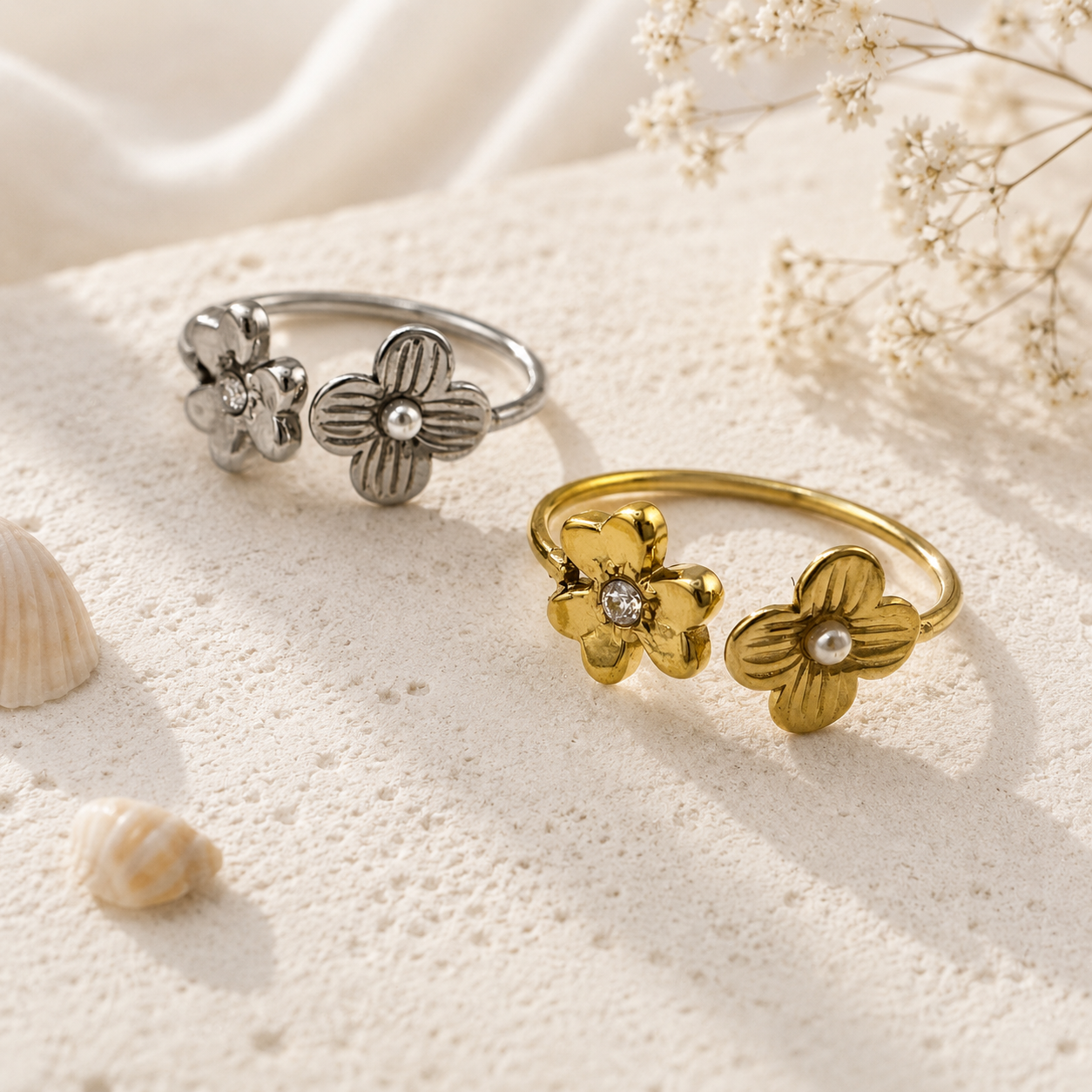 Pearl & Crystal Blossom Open Ring Gold Silber – Perle Kristall Ring größenverstellbar Geschenkidee – NEVAJA