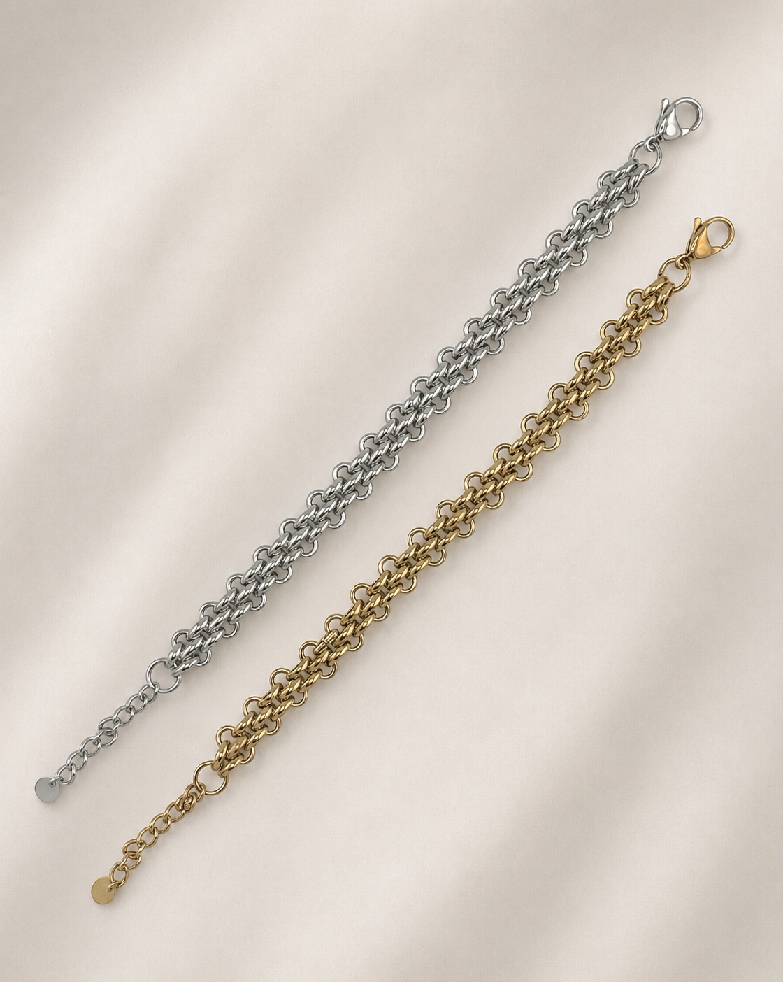 Chunky Double Rolo Armband von Nevaja in Gold und Silber im Flatlay-Vergleich