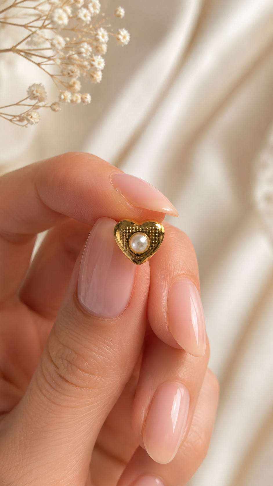 Dainty Heart Pearl Earrings Gold Detailaufnahme – Vintage Herz Ohrstecker mit Perle Zirkonia – NEVAJA