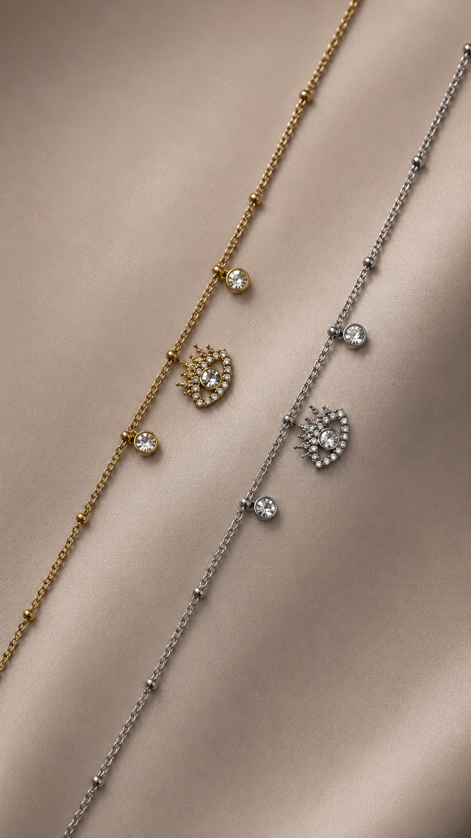 Majestic Nazar Pavé Chain Gold Silber Detailaufnahme – Nazar-Auge Pavé Zirkonia Nahaufnahme – NEVAJA