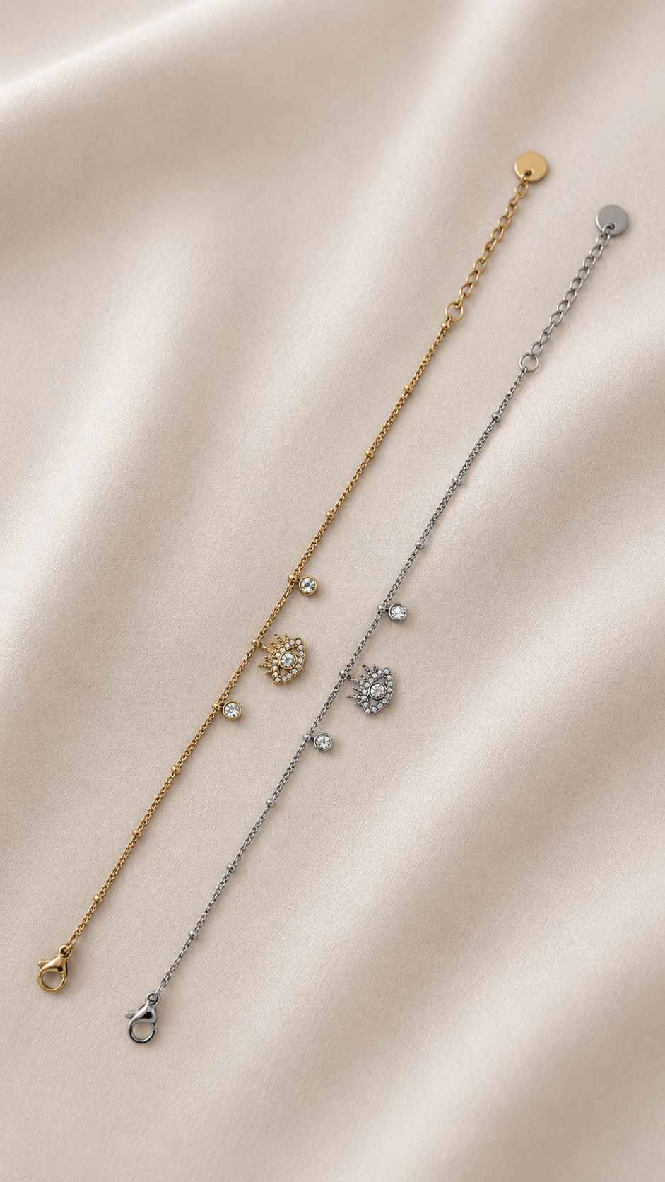 Majestic Nazar Pavé Chain Gold Silber Flatlay – Schutzauge Armband wasserfest Edelstahl – NEVAJA