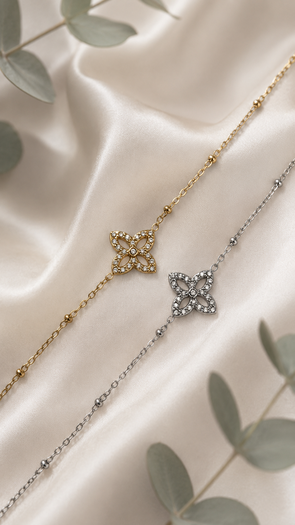 Marrakesh Magic Blossom Bracelet Gold Silber Detail – Satellitenkette Pavé Blütenornament – NEVAJA