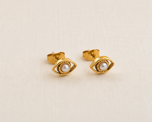 Mystic Eye Pearl Earrings Gold – Schutzauge Perlen Ohrstecker vergoldeter Edelstahl – NEVAJA