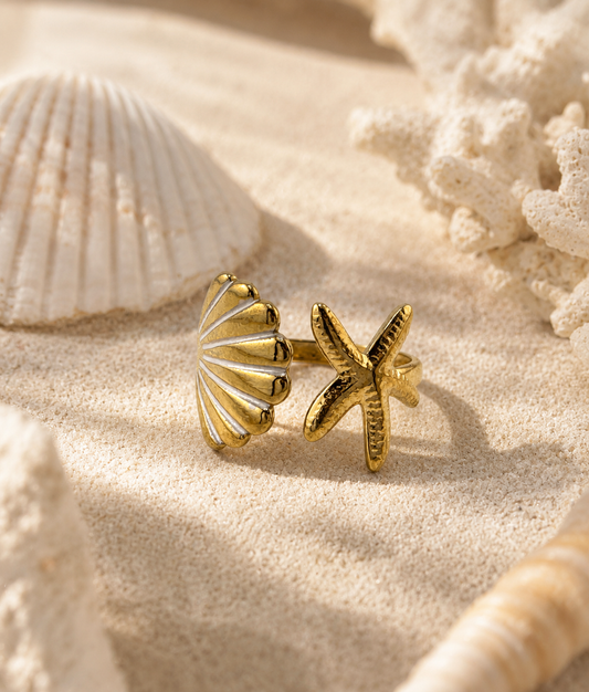 Ocean Breeze Open Ring Gold – Maritimer Ring mit Seestern und Muschel vergoldeter Edelstahl – NEVAJA