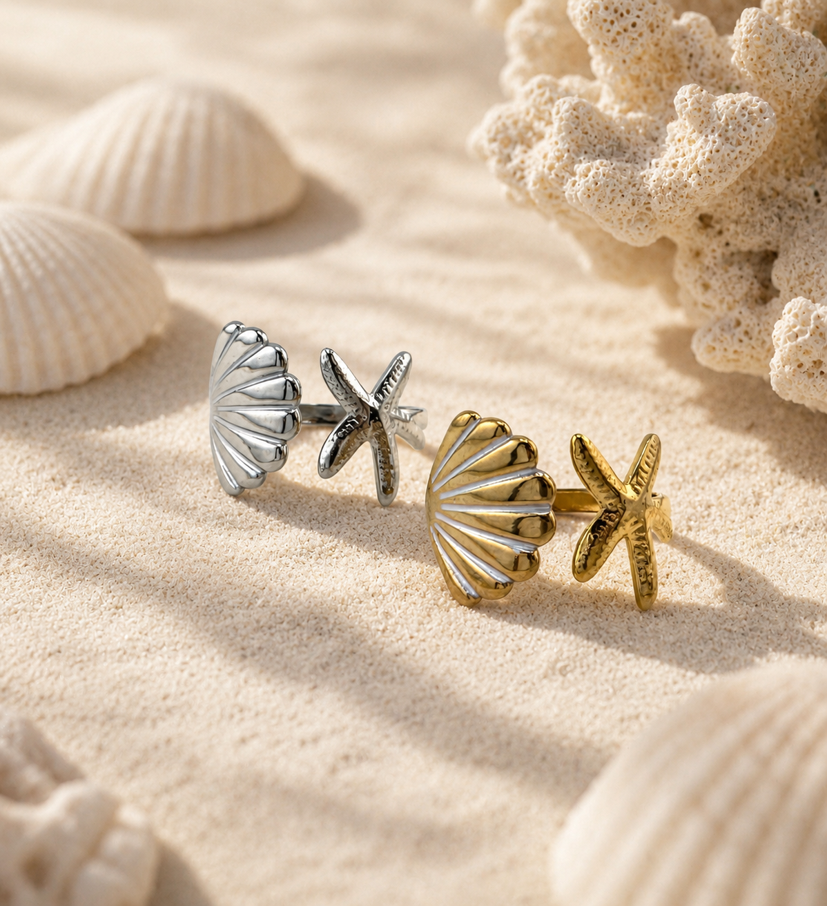 Ocean Breeze Open Ring Gold Silber – Muschel Ring wasserfest salzwasserfest Edelstahl – NEVAJA