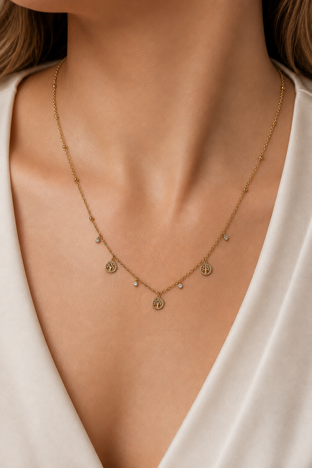 Sacred Tree Pavé Charm Necklace Gold getragen – Tree of Life Kette Dekollété Lifestyle – NEVAJA