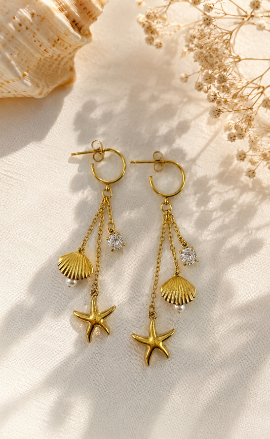 Seaside Layered Drop Earrings Gold – Maritime Layering Ohrringe Muschel Seestern Zirkonia vergoldet – NEVAJA