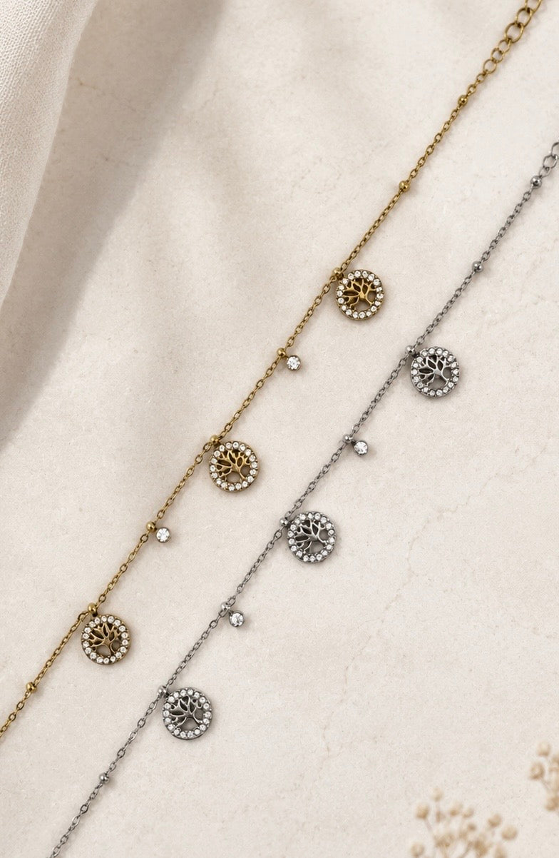 Tree of Life Pavé Charm Bracelet Gold Silber Detail – 3 Lebensbaum Medaillons Pavé Kristall – NEVAJA