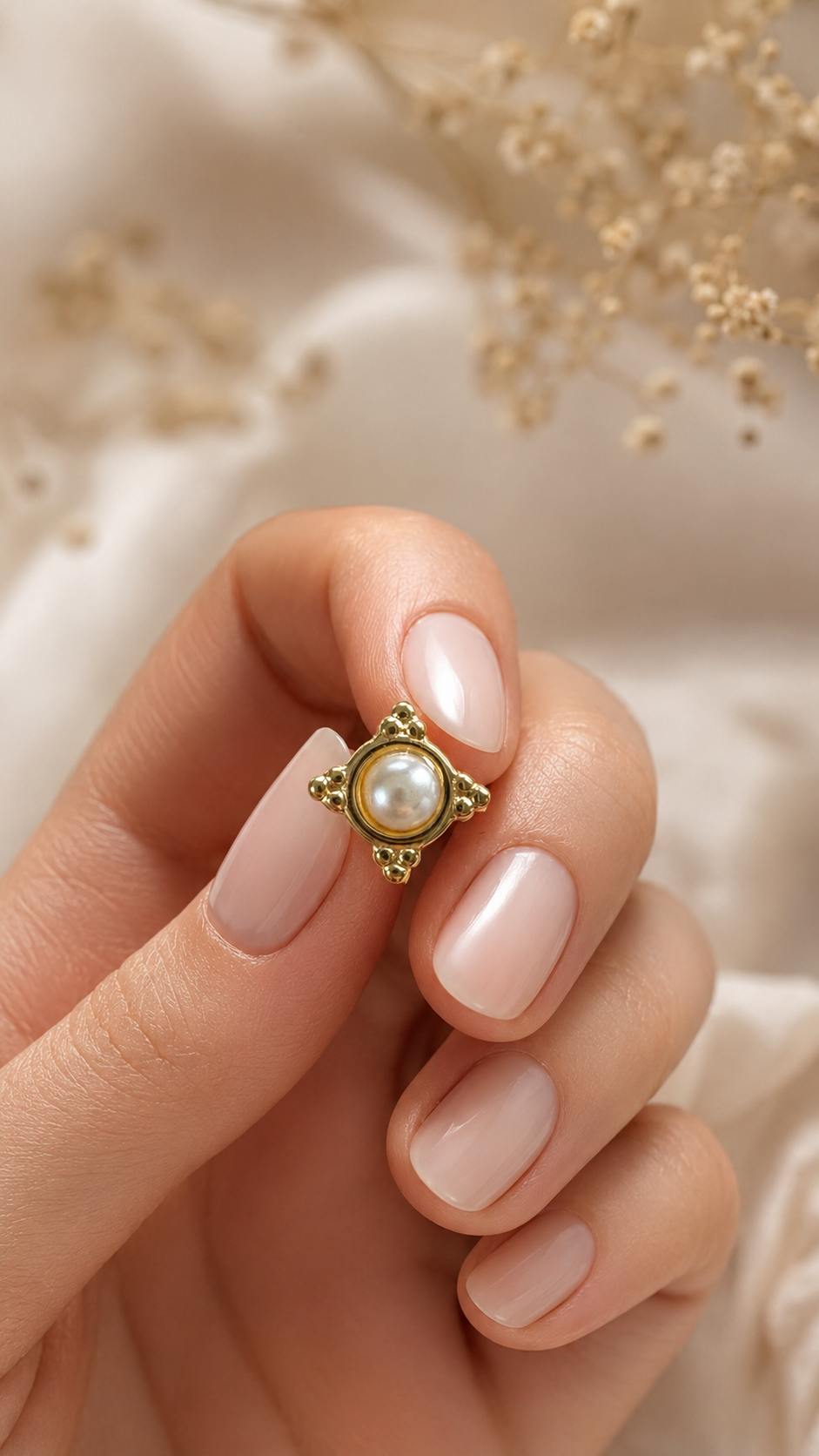 Vintage Square Pearl Studs Gold Detailaufnahme – Barock Fassung Perle Ohrstecker Nahaufnahme – NEVAJA