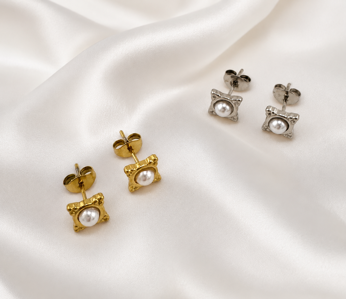 Vintage Square Pearl Studs Gold Silber – Quadratische Vintage Ohrstecker Edelstahl wasserfest – NEVAJA